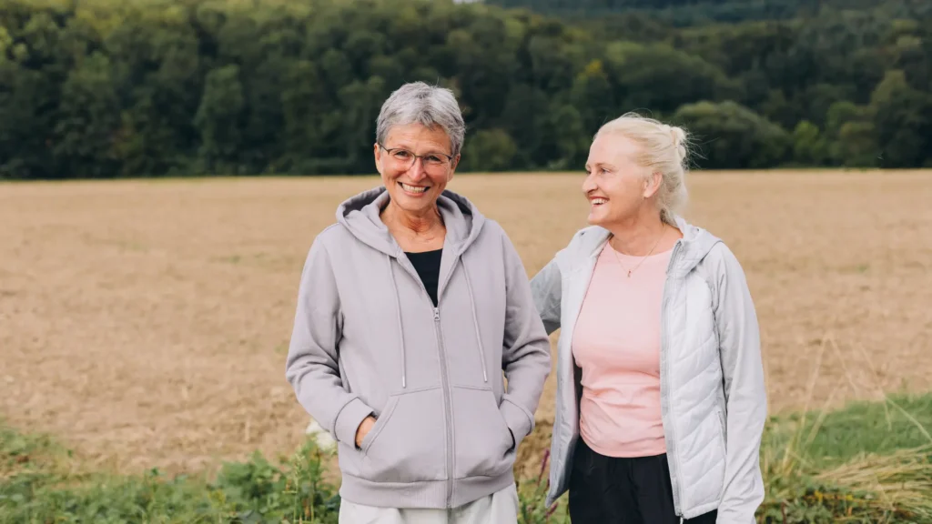 two middle age ladies walking