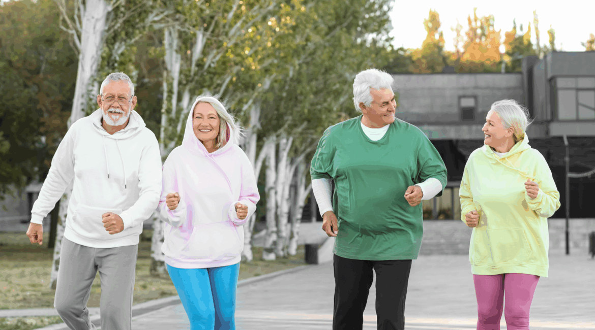 four old people going for a jog