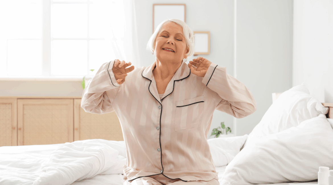 old woman stretching in bed